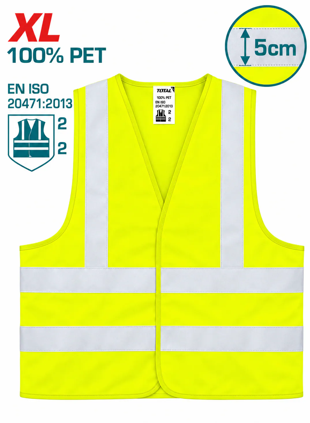 TOTAL XL Yellow High-Visibility Safety Vest – 100% PET Polyester – EN ISO 20471:2013 Class 2 – 5cm Reflective Strips – Lightweight Industrial Reflective Work Vest – Construction Safety Clothing