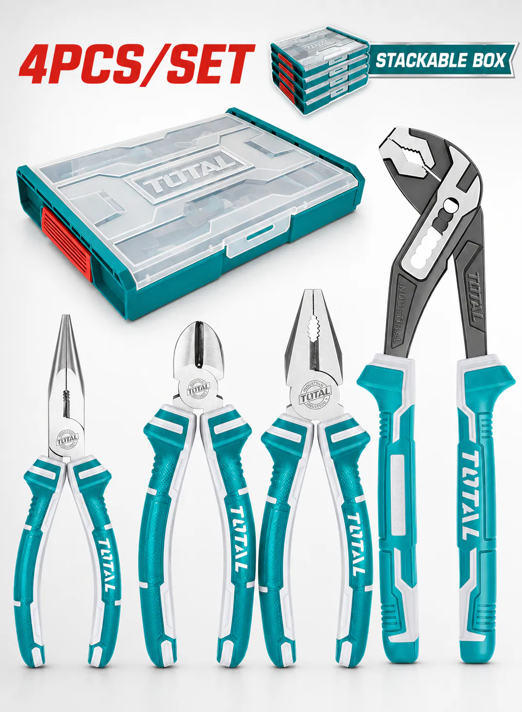 TOTAL 4-Piece Pliers Set with Combination, Cutting, Long Nose & Pump Pliers | Stackable Box