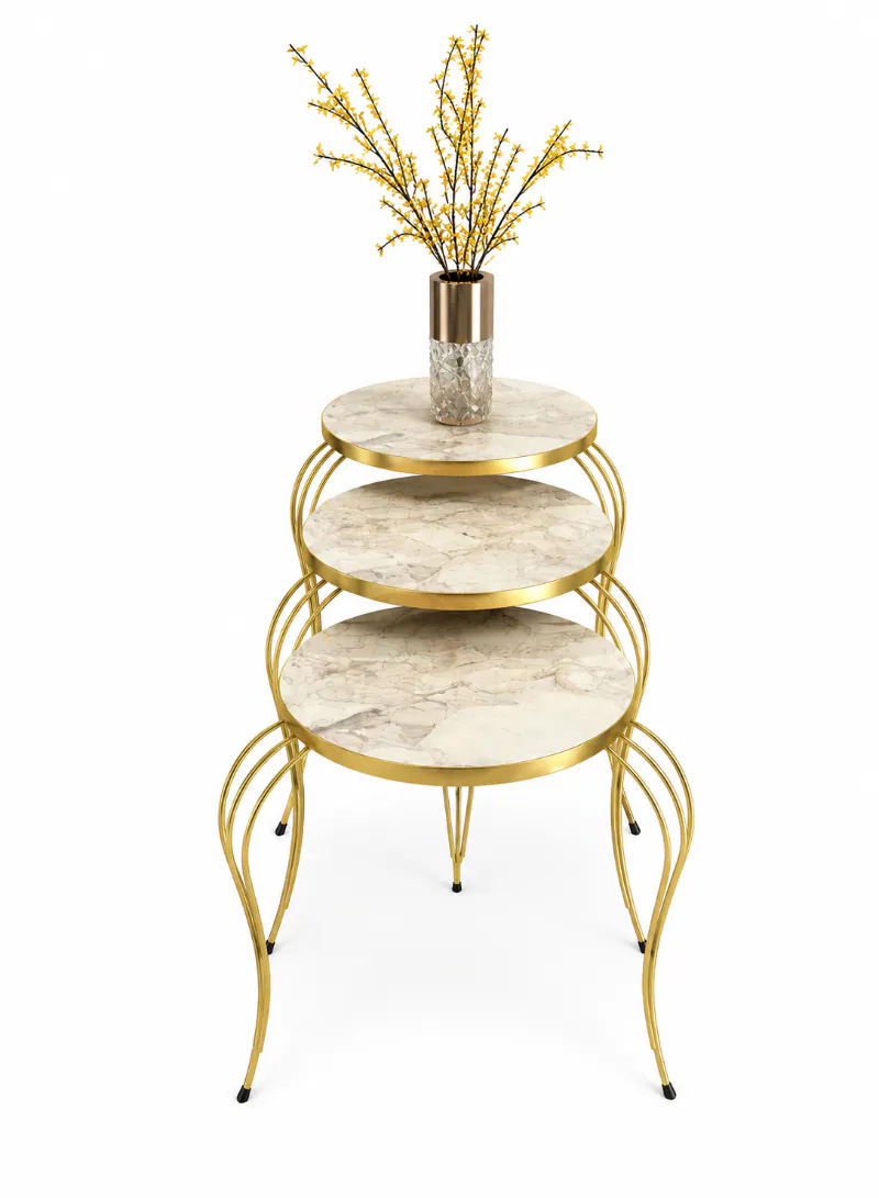 3-Piece Nesting Table Set – White Marble-Effect Top with Gold Metal Legs