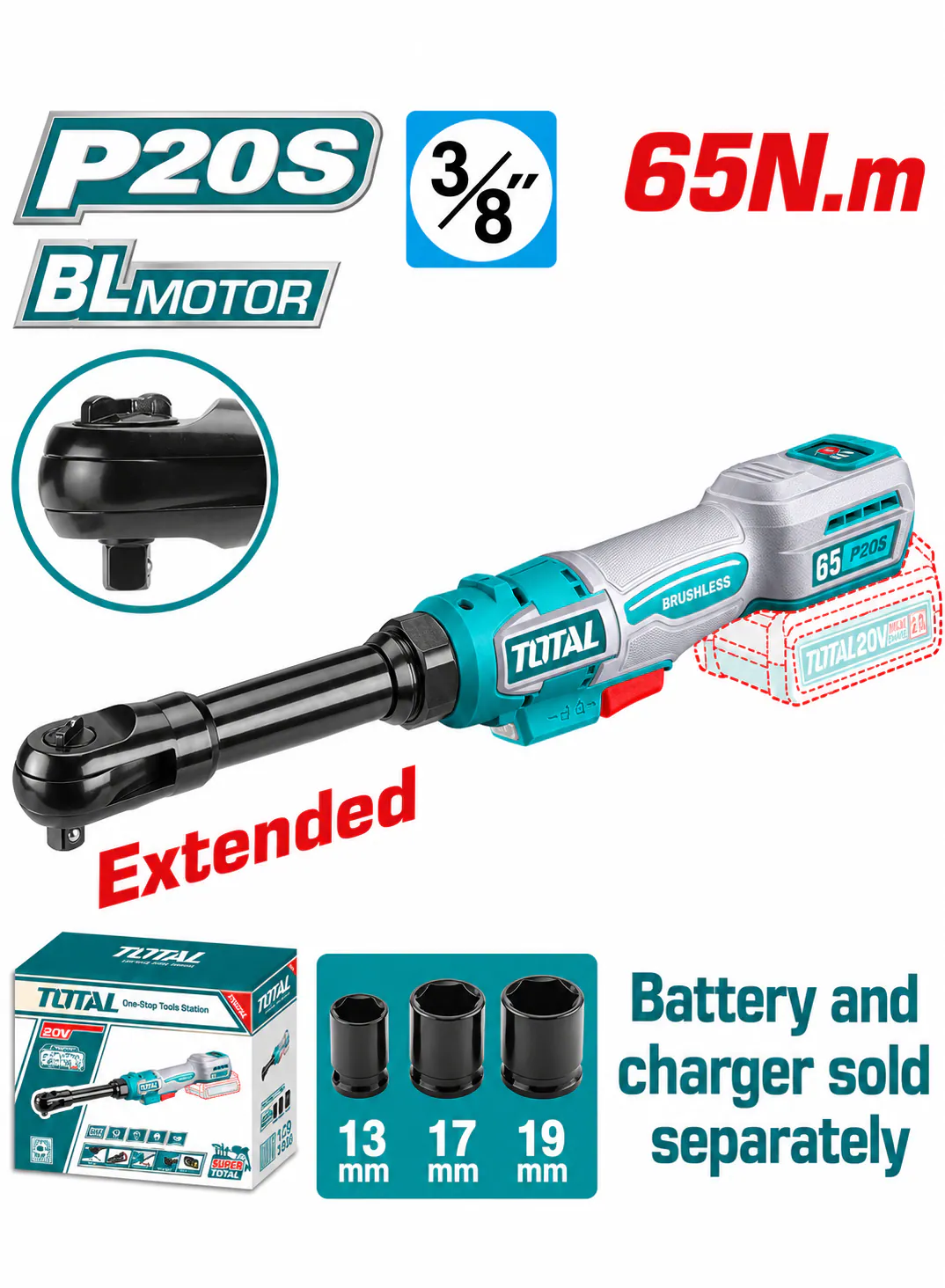  TOTAL 20V Brushless Cordless Extended Ratchet Wrench – 3/8", 65Nm (Tool Only)