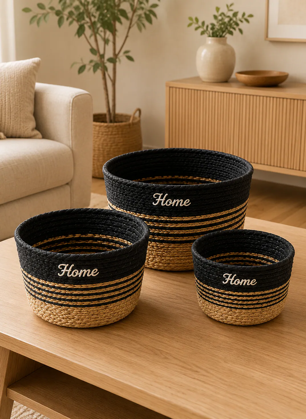 Seagrass Basket Set 3 Pieces – Black & Natural Woven Storage Baskets