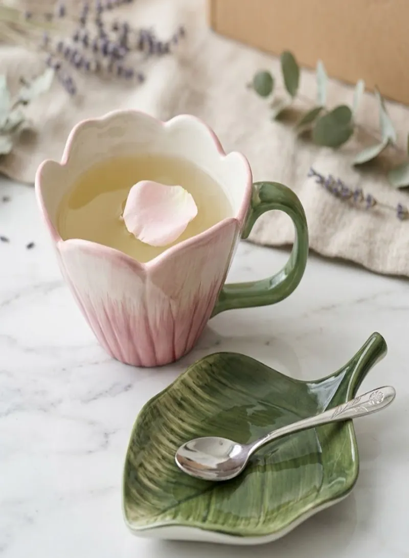 Tulip Ceramic Mug With Saucer – Elegant Coffee Cup Set 300ml 2