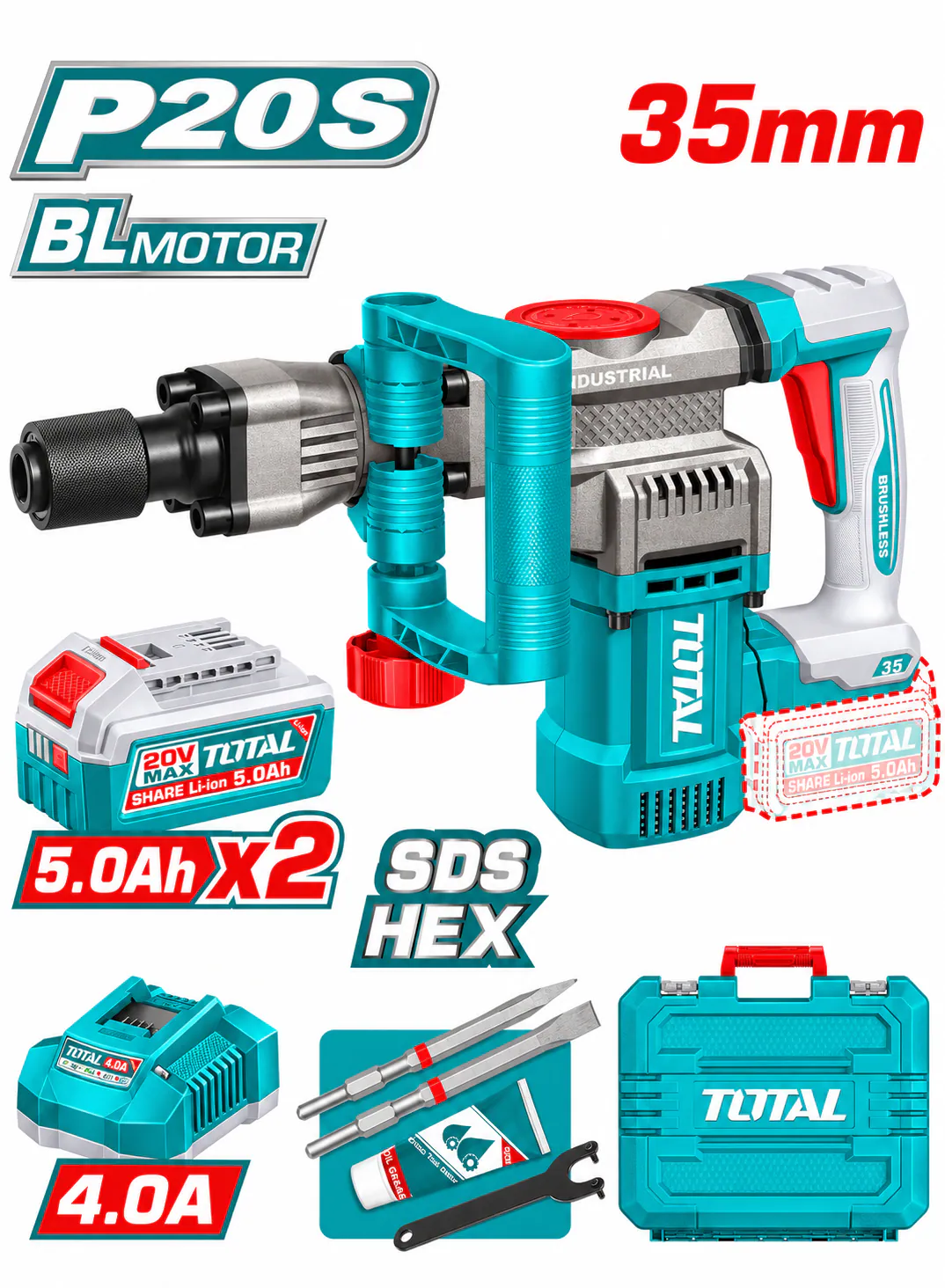 TOTAL 20V Industrial Brushless Cordless Demolition Hammer – 16J SDS HEX with 2 Batteries