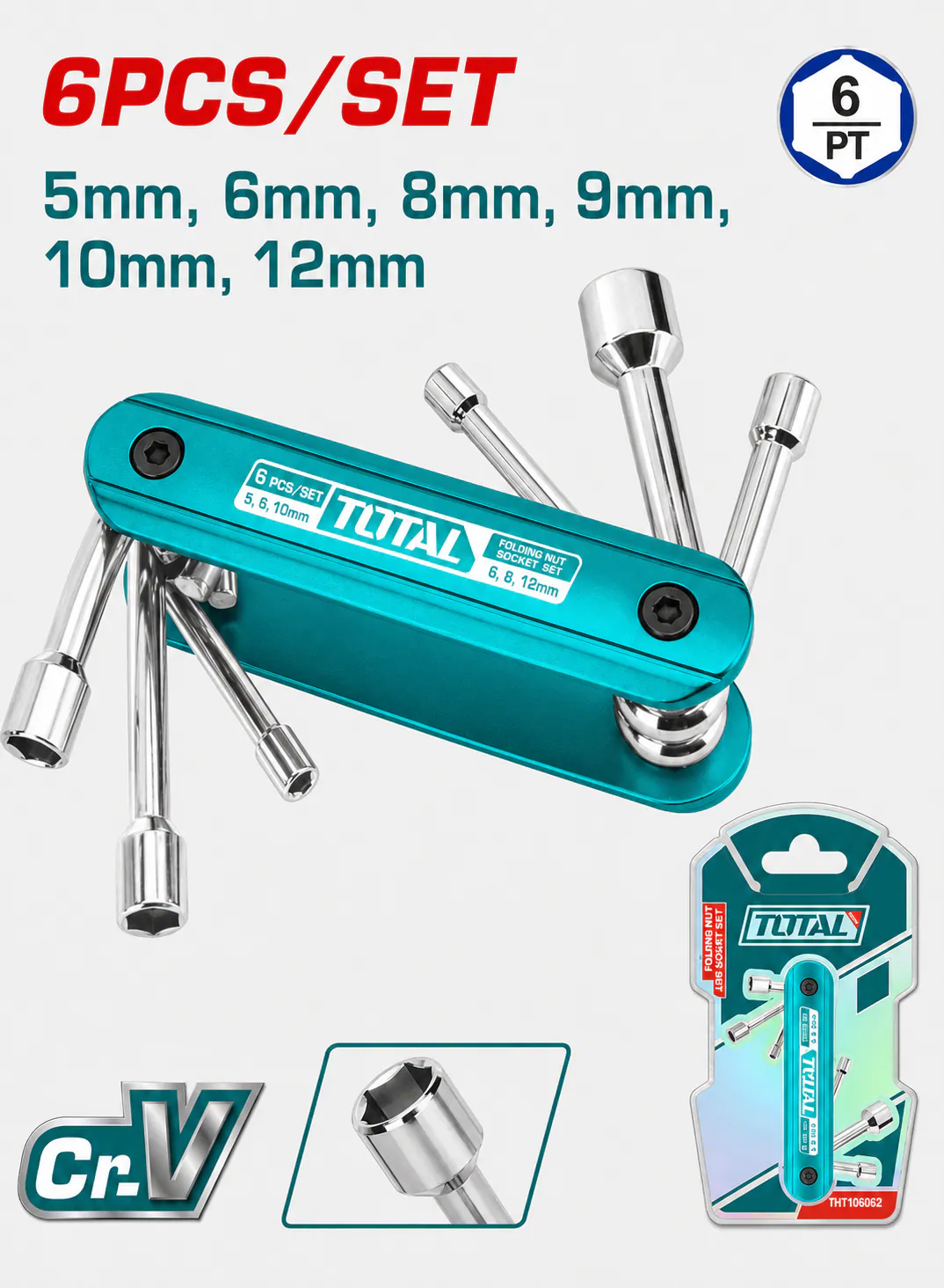 TOTAL 6-Piece Folding Nut Driver Set 5–12mm | CR-V + Aluminum