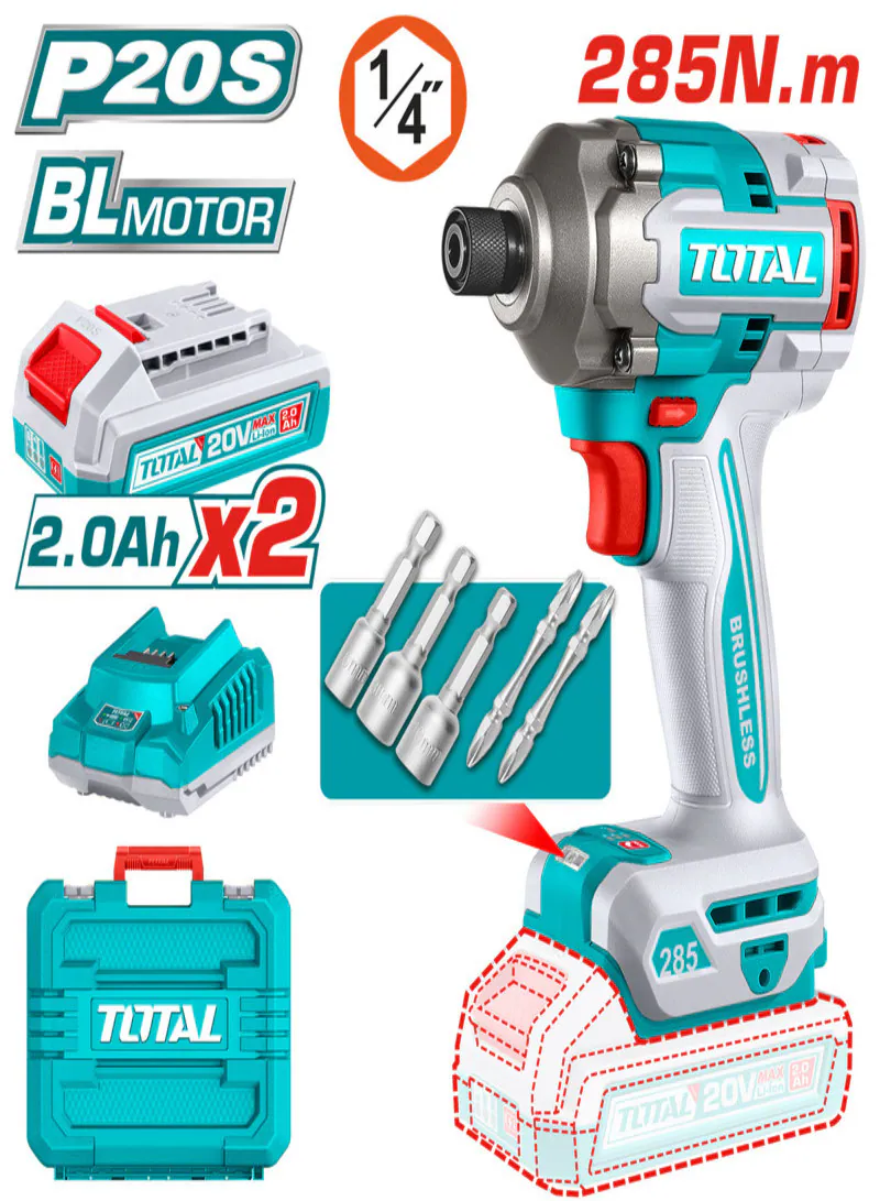 Total 20V Brushless Cordless Impact Driver 285Nm with 2×2.0Ah Batteries