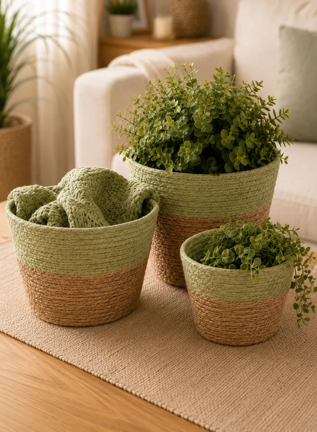 Bamboo Basket Set 3 Pieces – Green & Natural Woven Storage Baskets