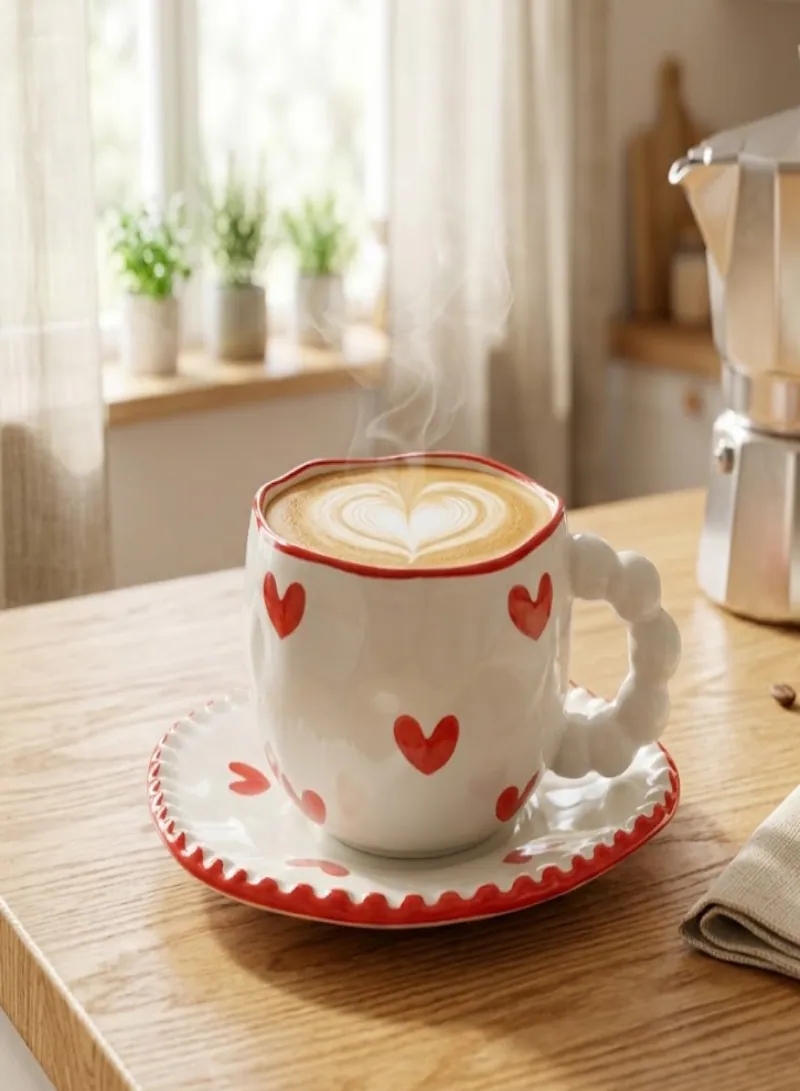 فنجان سيراميك مع صحن مزخرف – تصميم قلوب أنيق ومقبض فني مميز 3
