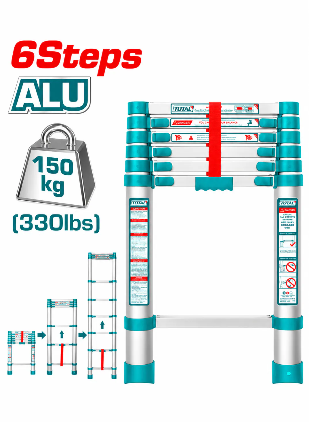 TOTAL 6-Step Aluminum Telescopic Ladder – 150kg (330lbs) Load Capacity – Extendable Single Ladder – Heavy-Duty Retractable & Portable Ladder