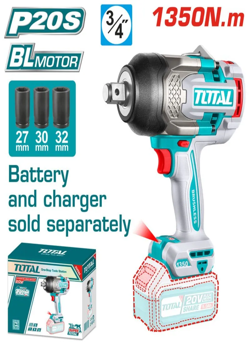  Total 20V Brushless Cordless Impact Wrench 3/4" 1350Nm (Tool Only) – Heavy Duty