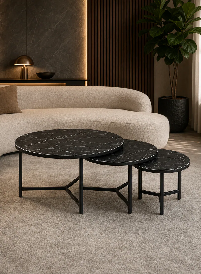 3-Piece Round Turkish Wood Nesting Table Set – Black Marble & Black Metal 2