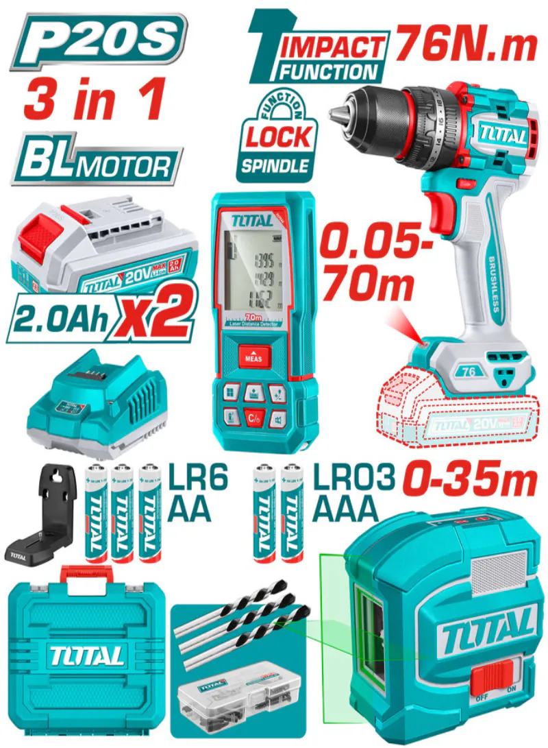 TOTAL 20VX76N.m Kit – Brushless Cordless Impact Drill + Self-Leveling Laser + Laser Distance Meter