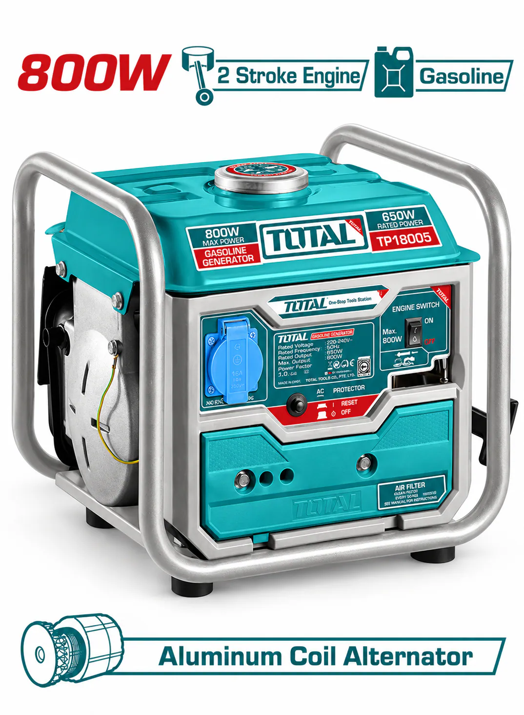  TOTAL 800W Gasoline Generator – 2-Stroke Engine