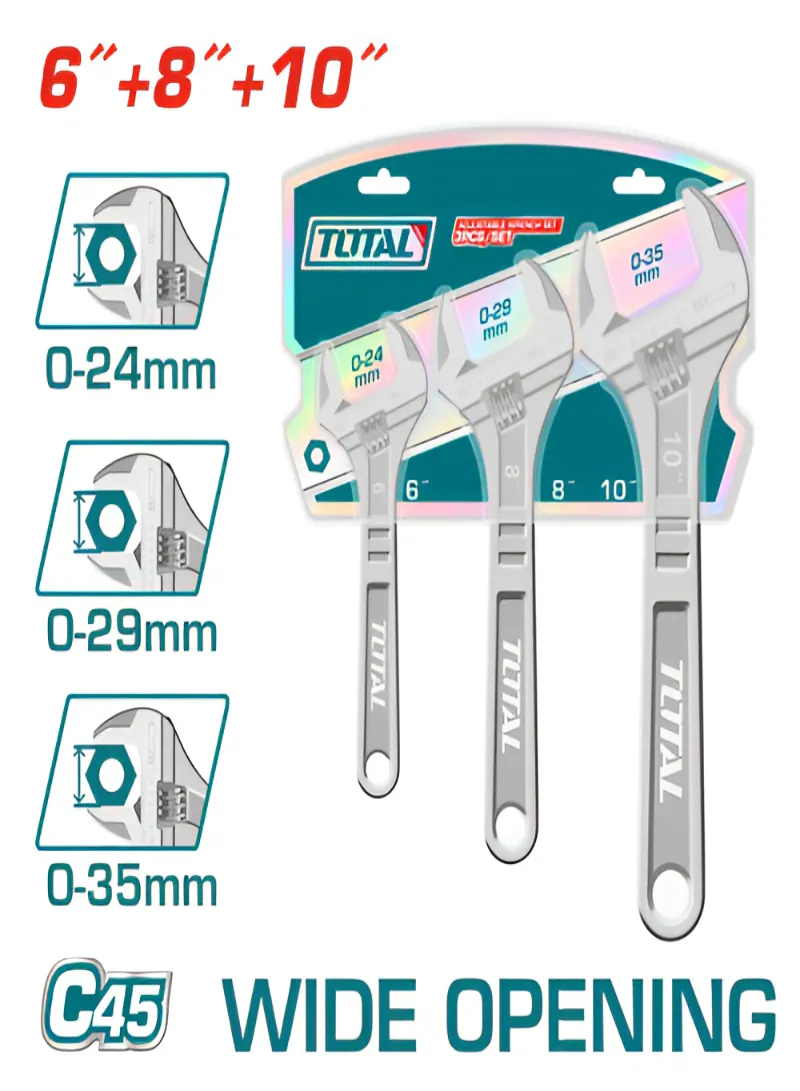 TOTAL 3-Piece Adjustable Wrench Set – 6", 8" & 10" Carbon Steel