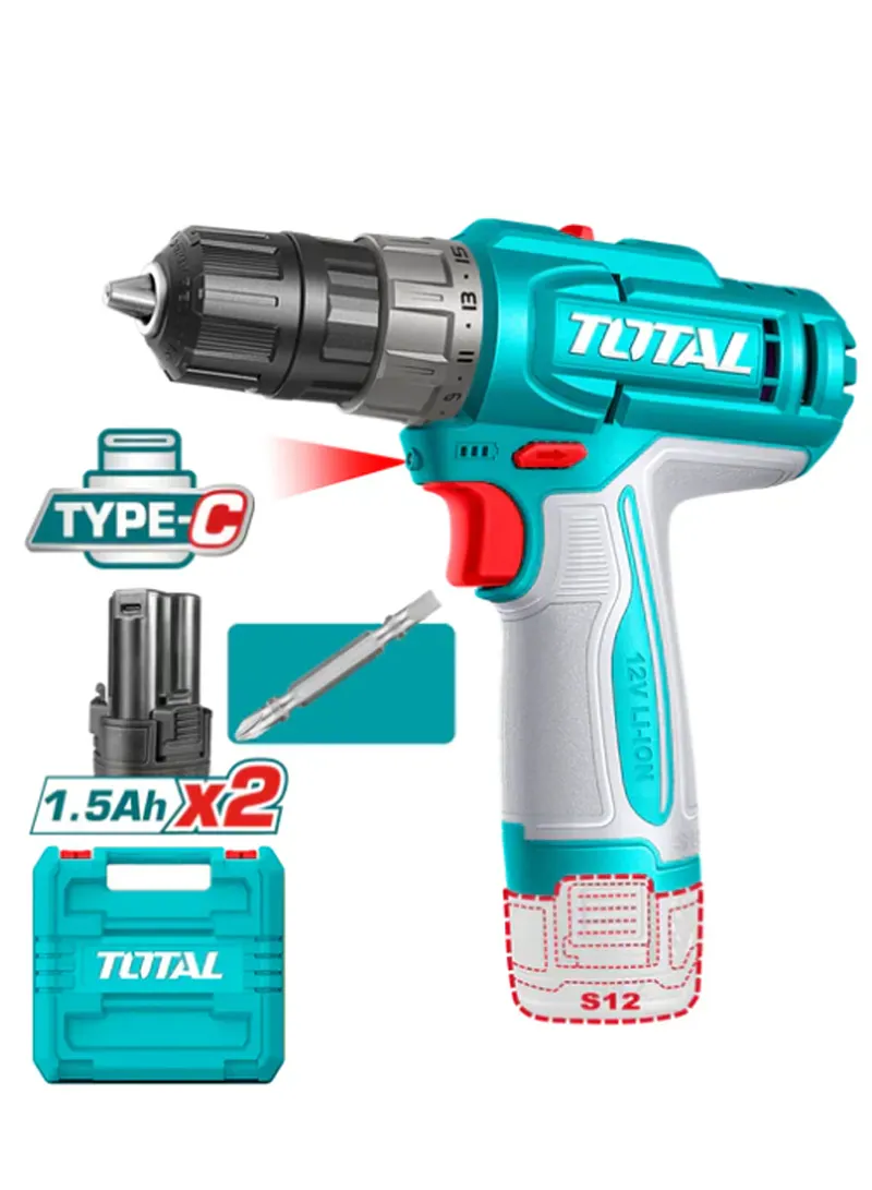 Total 12V Cordless Drill 20Nm 10mm Plastic Chuck with 2 Batteries