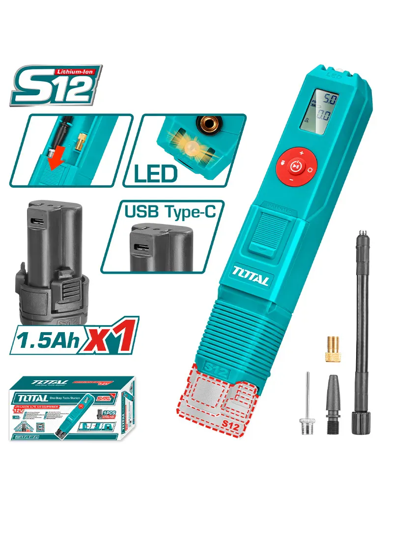 Total 12V Plastic Portable Air Compressor with LCD Digital Display & LED Light for Car 2