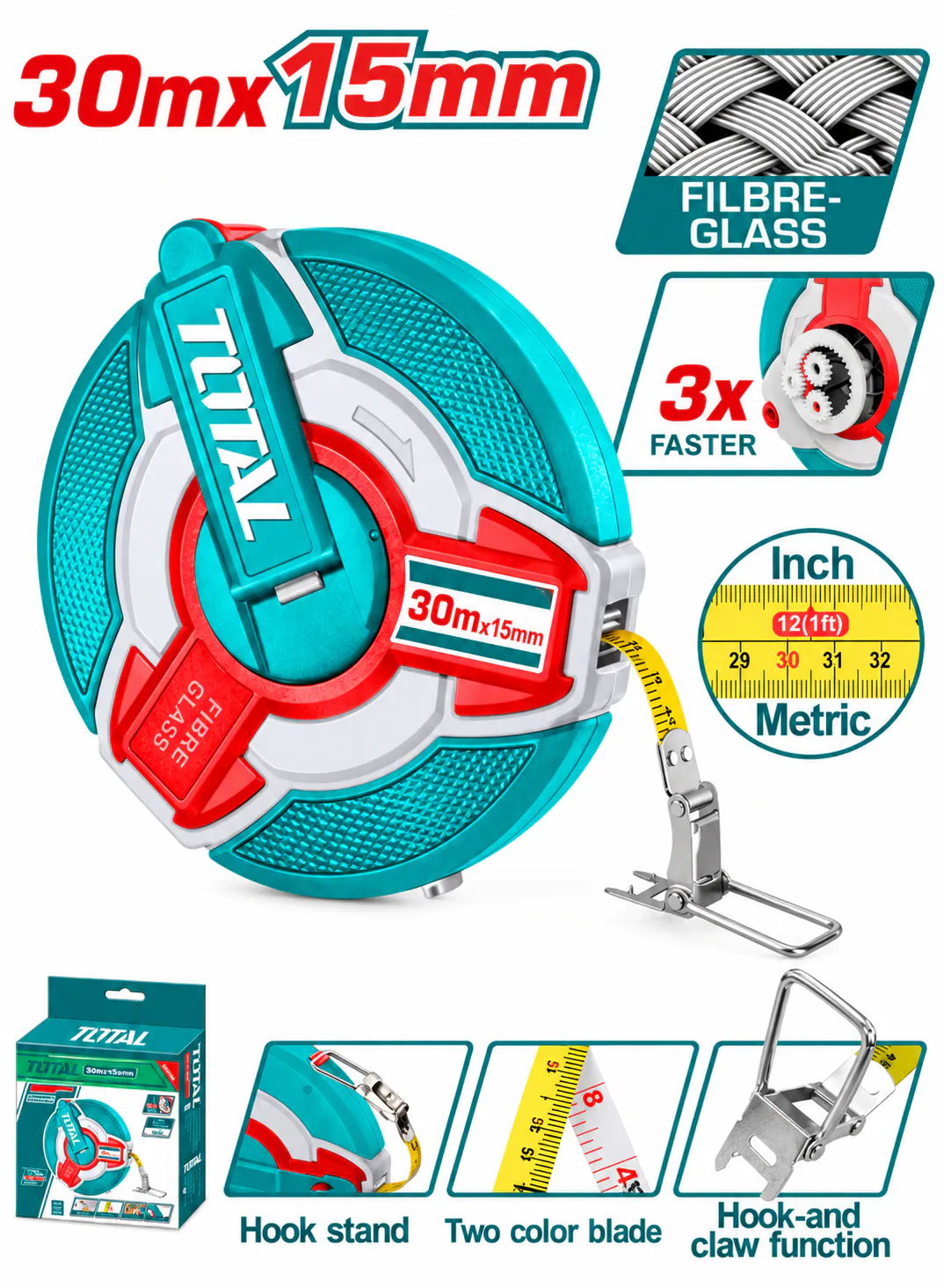 TOTAL 30m Fiberglass Measuring Tape – 15mm Width