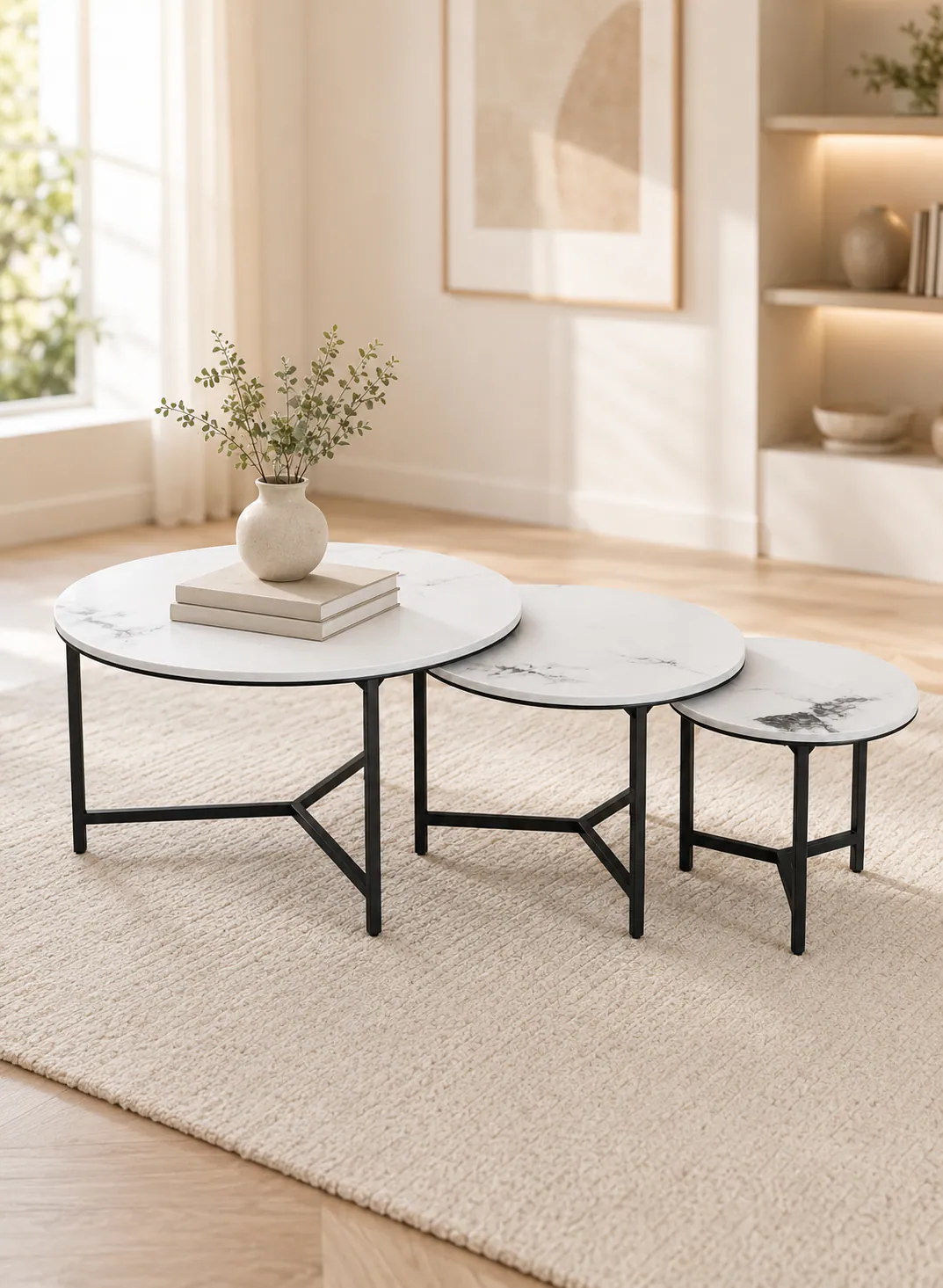 3-Piece Round Turkish Wood Nesting Table Set – White Marble & Black Metal 2
