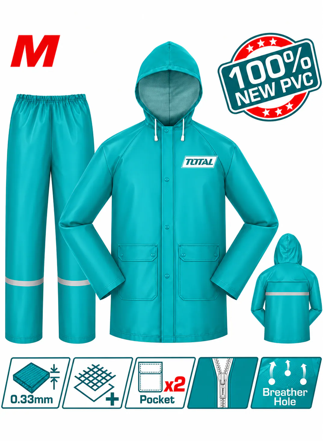 TOTAL M Waterproof Rain Suit – 100% PVC – 0.33mm Thickness – 2-Piece Rain Jacket & Pants Set – Hooded Raincoat with Reflective Strips – Heavy-Duty Protective Rainwear