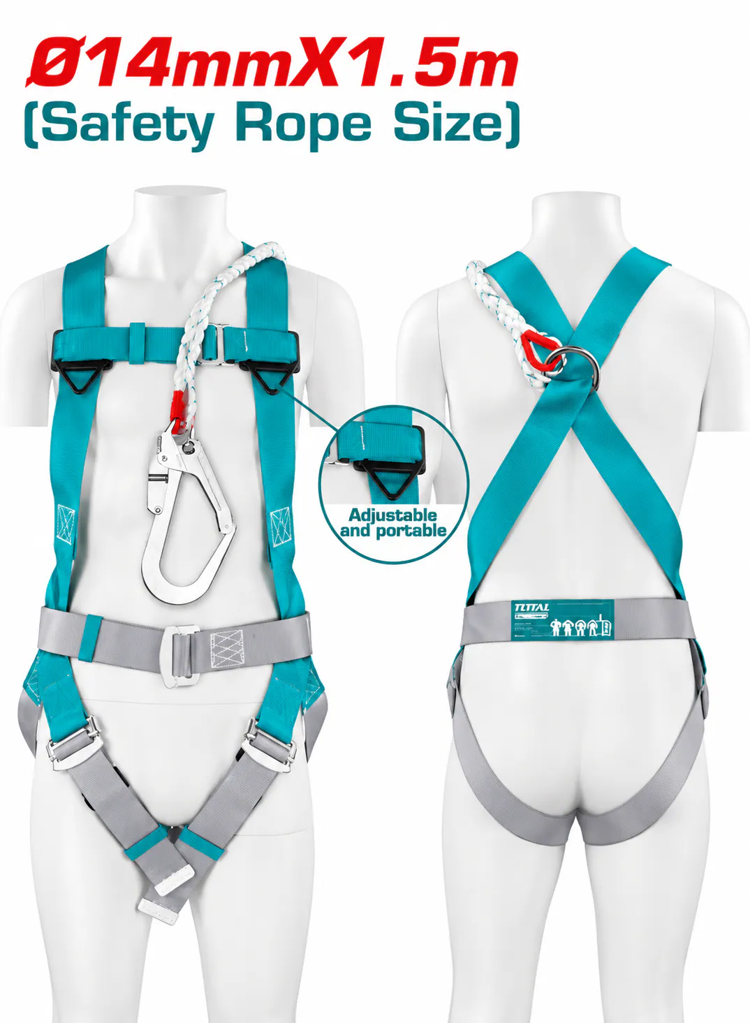 TOTAL Full Body Safety Harness with 1.5m Safety Rope – 14mm Diameter – Adjustable Fall Protection Harness – Heavy-Duty Safety Hook – Industrial Work Safety Harness