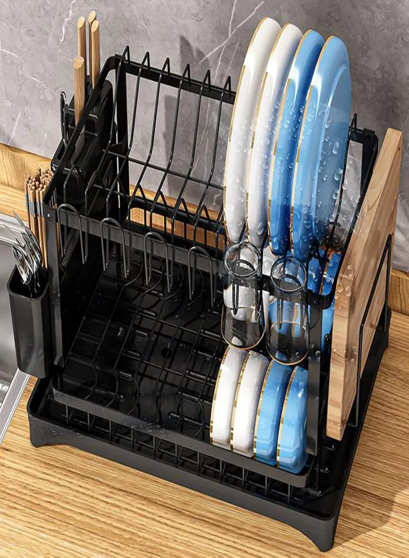 2-Tier Dish Drying Rack with Drainboard – Large Capacity Kitchen Dish Drainer Organizer with Utensil Holder & Cup Rack (Black) 2