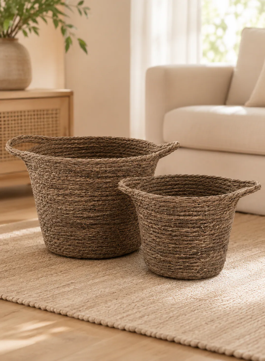 Bamboo Basket Set 2 Pieces – Natural Grey Woven Storage Baskets with Handles