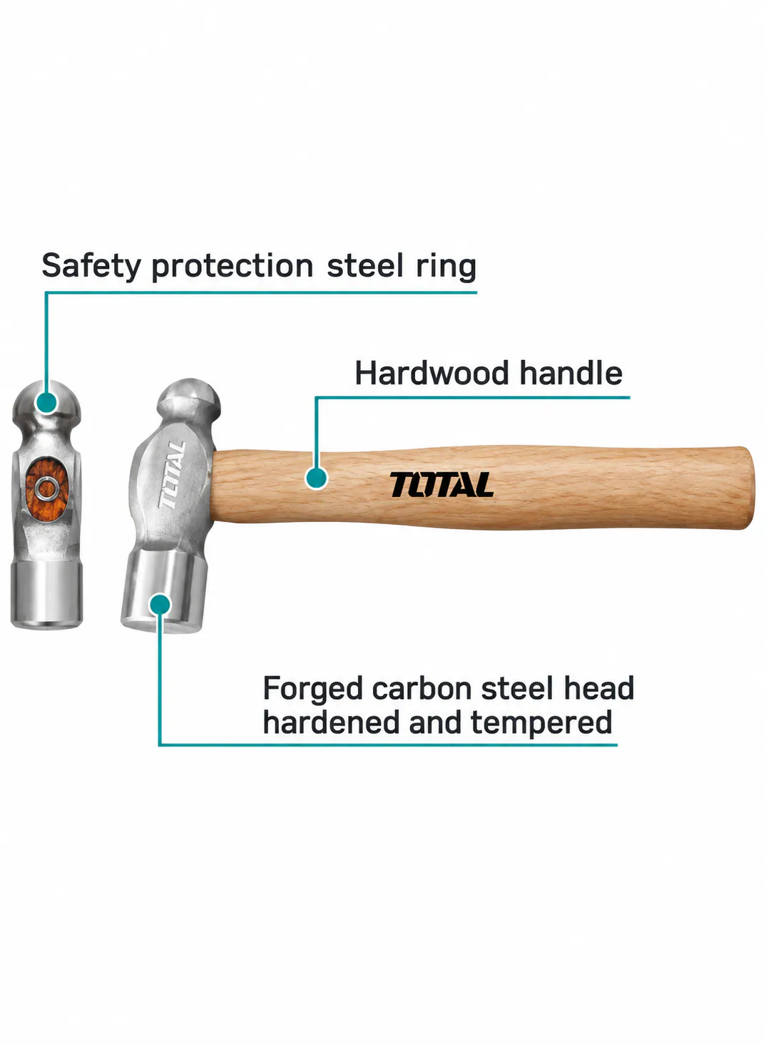 TOTAL Ball Peen Hammer with Wooden Handle