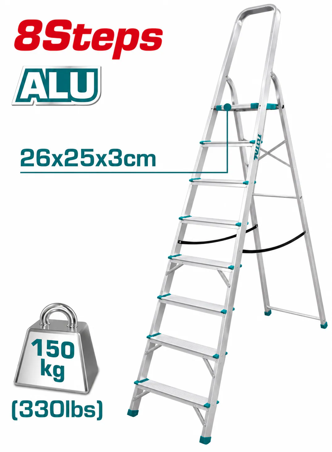TOTAL 8-Step Aluminum Household Ladder – 150kg (330lbs) Load Capacity – 26×25×3cm Top Platform – Foldable A-Frame Step Ladder with Safety Handrail – Heavy-Duty Home Ladder