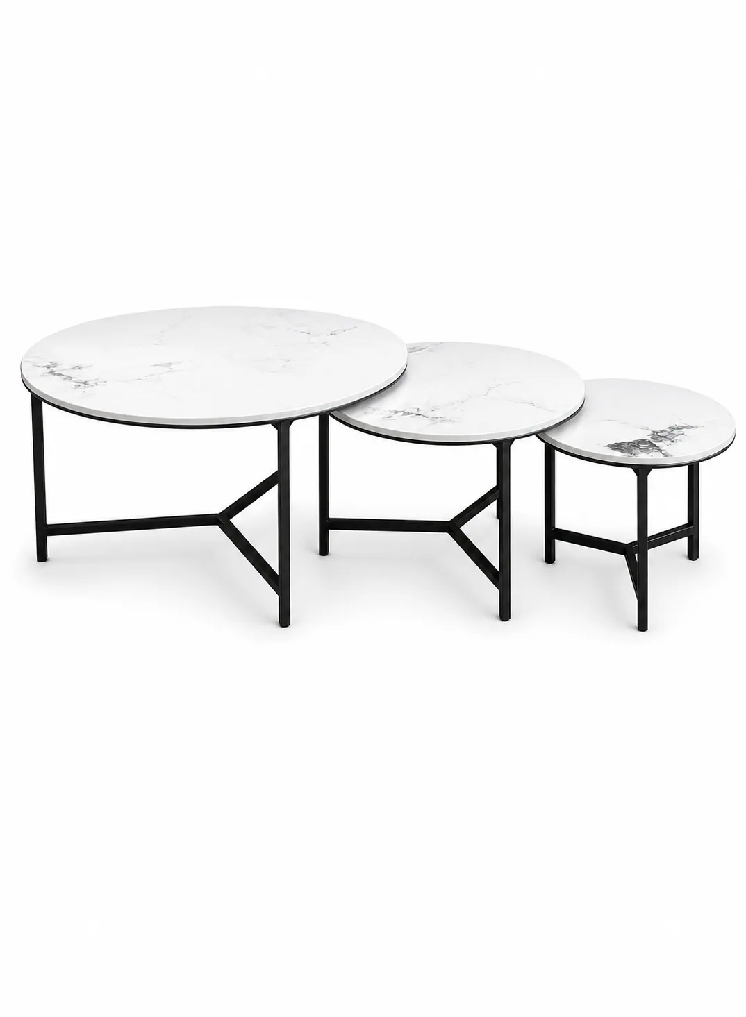 3-Piece Round Turkish Wood Nesting Table Set – White Marble & Black Metal