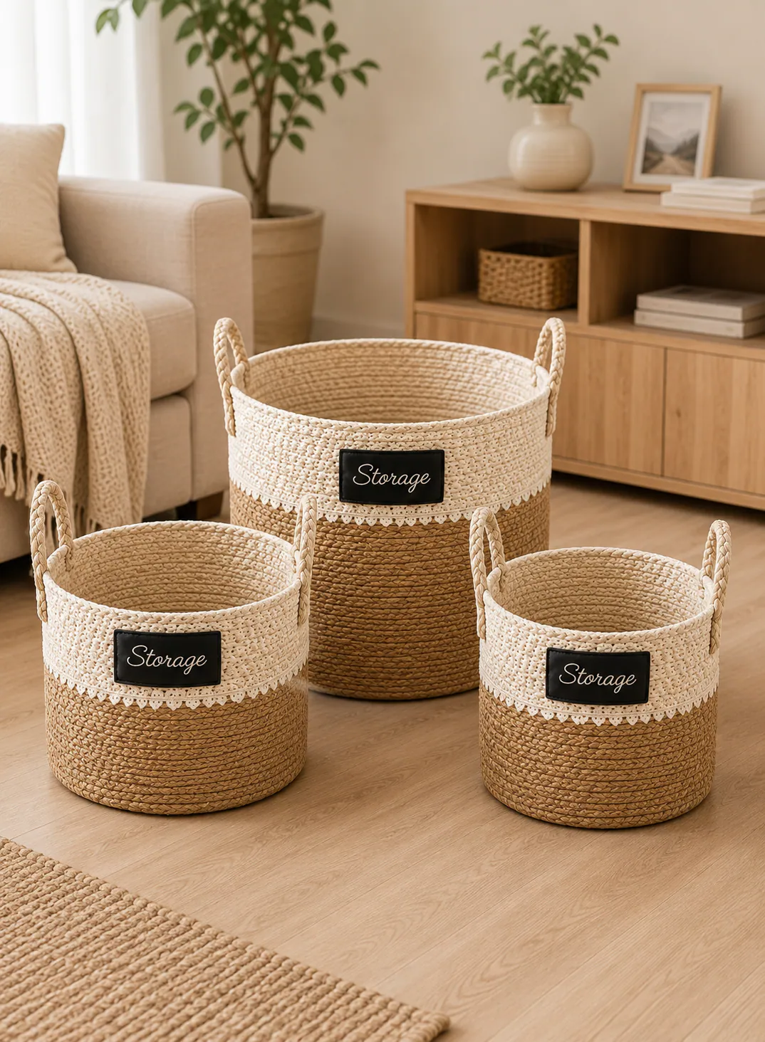Seagrass Basket Set 3 Pieces – Natural & White Woven Storage Baskets with Handles