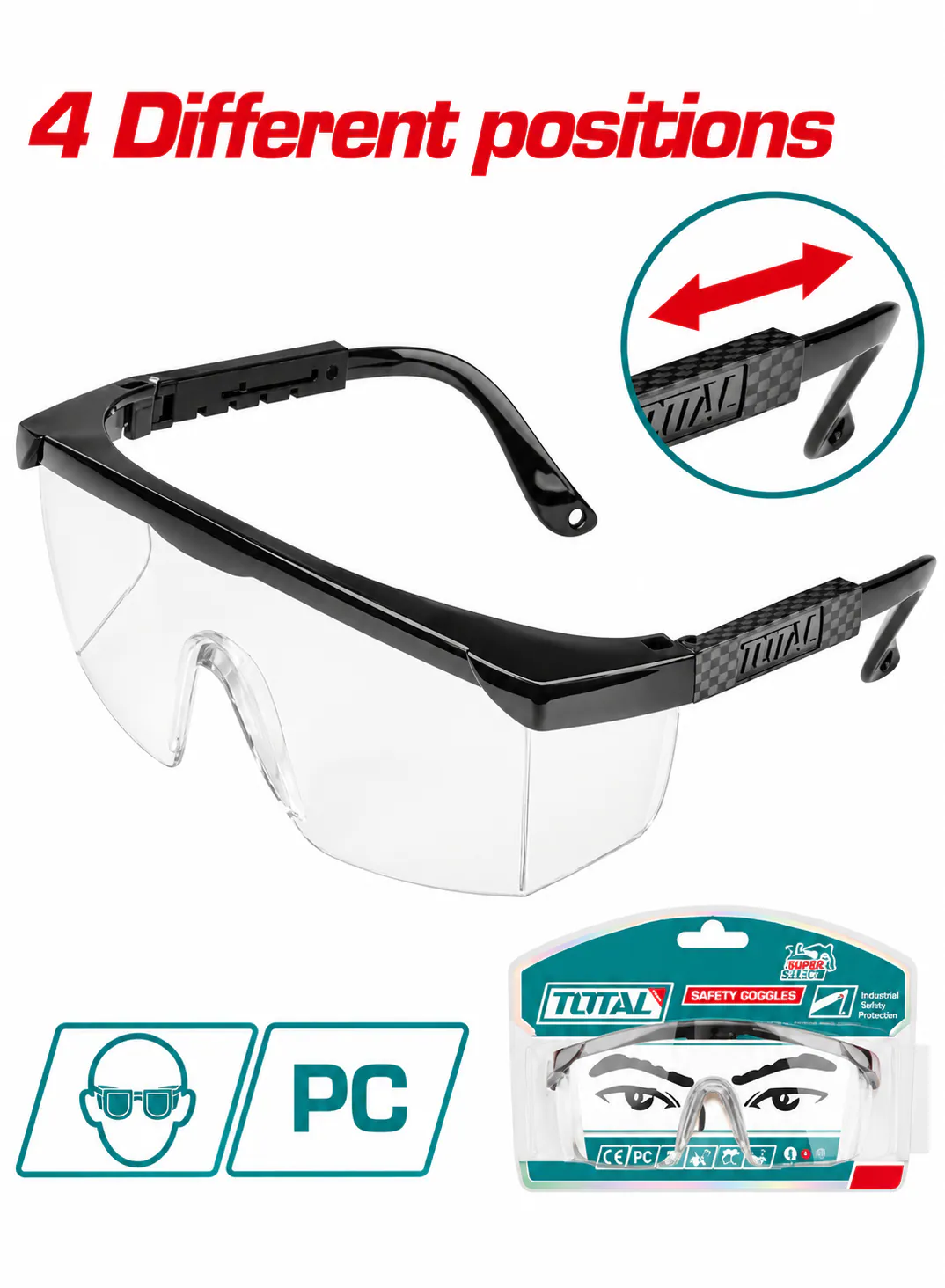 TOTAL Clear Safety Glasses – Polycarbonate (PC) Lenses – 4 Adjustable Temple Positions – Transparent Protective Eyewear – Lightweight Industrial Safety Glasses – Ergonomic Black Frame