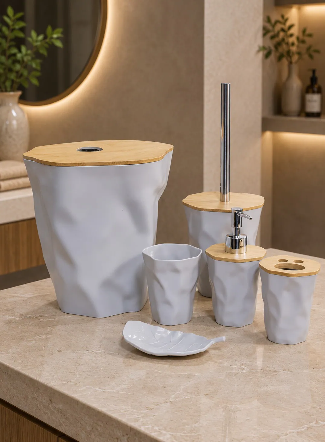 6-Piece Bathroom Accessories Set with Bamboo Details – Grey