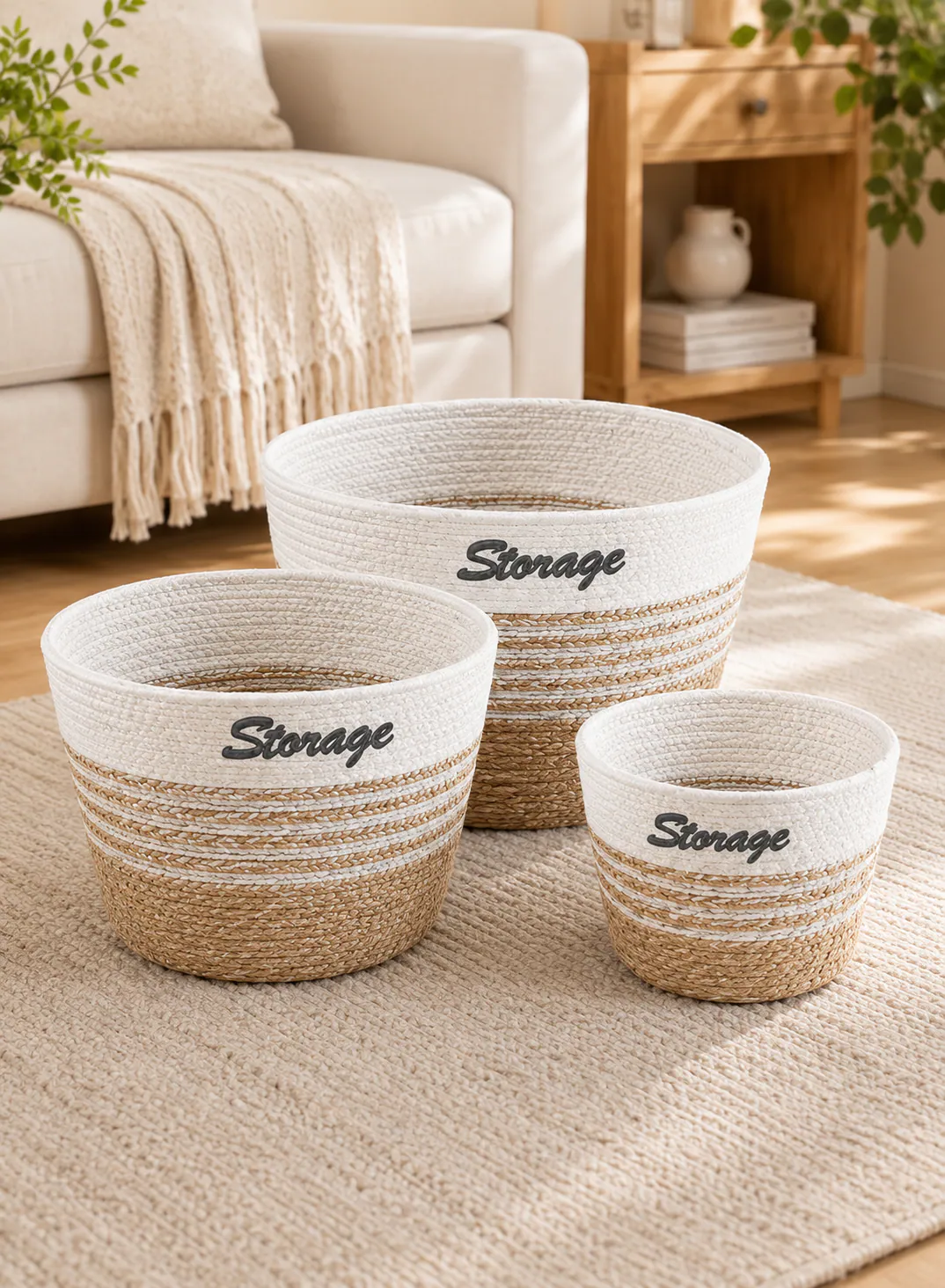 3-Piece Seagrass Basket Set – Natural Beige & White Woven Storage Baskets