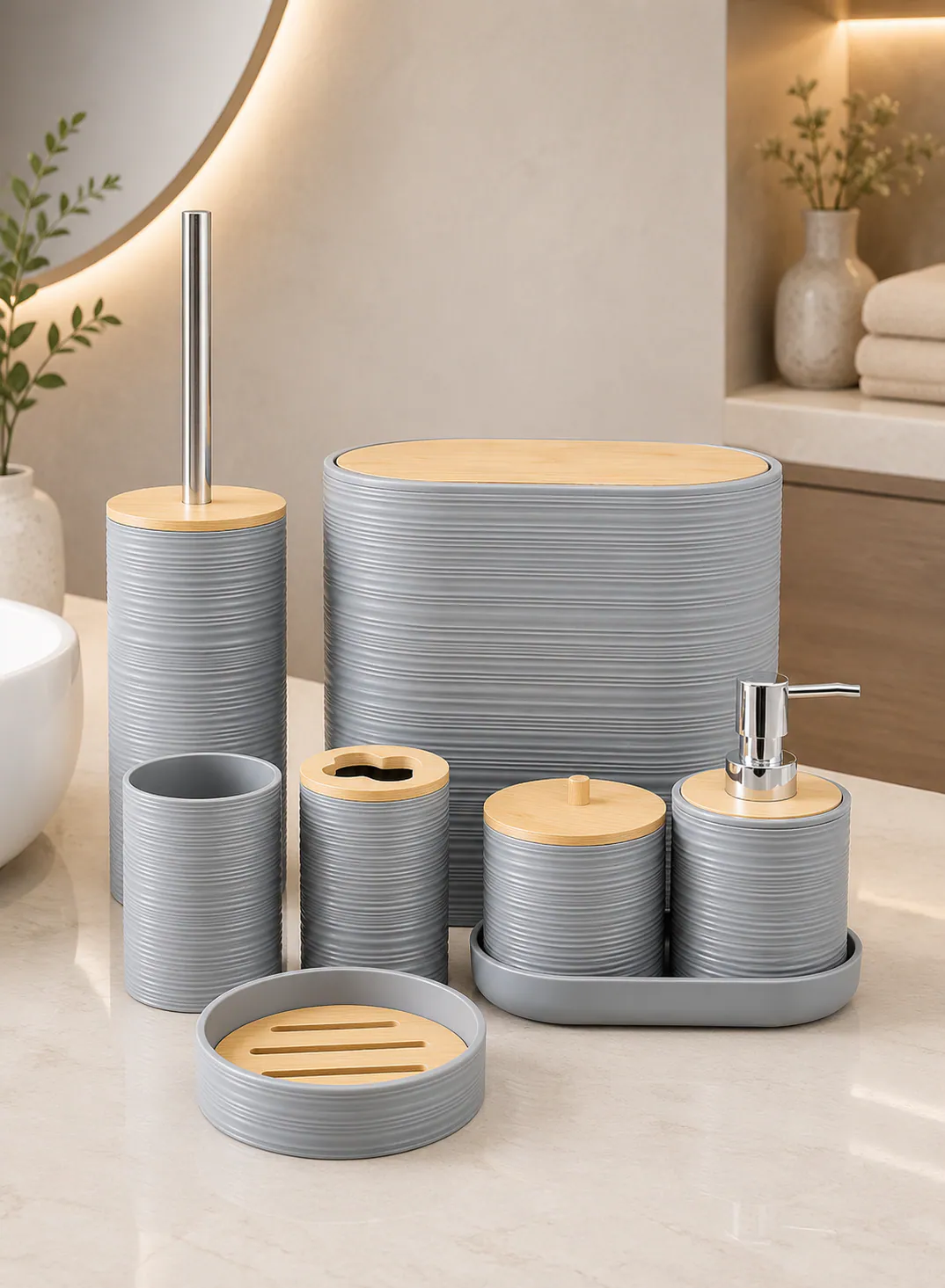 8-Piece Ribbed Bathroom Accessories Set with Bamboo Details – Grey