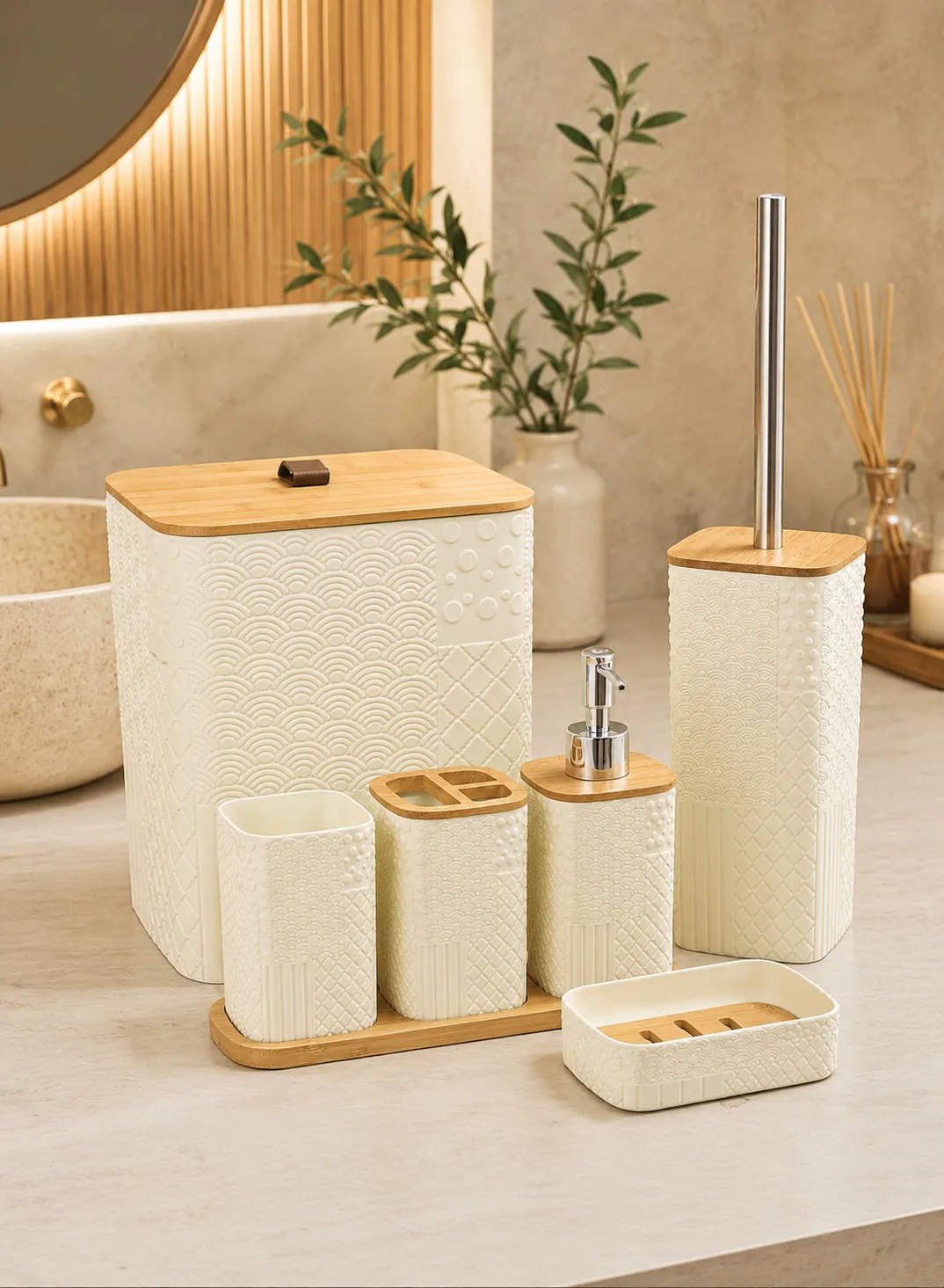 7-Piece Embossed Bathroom Accessories Set with Bamboo Details – Ivory