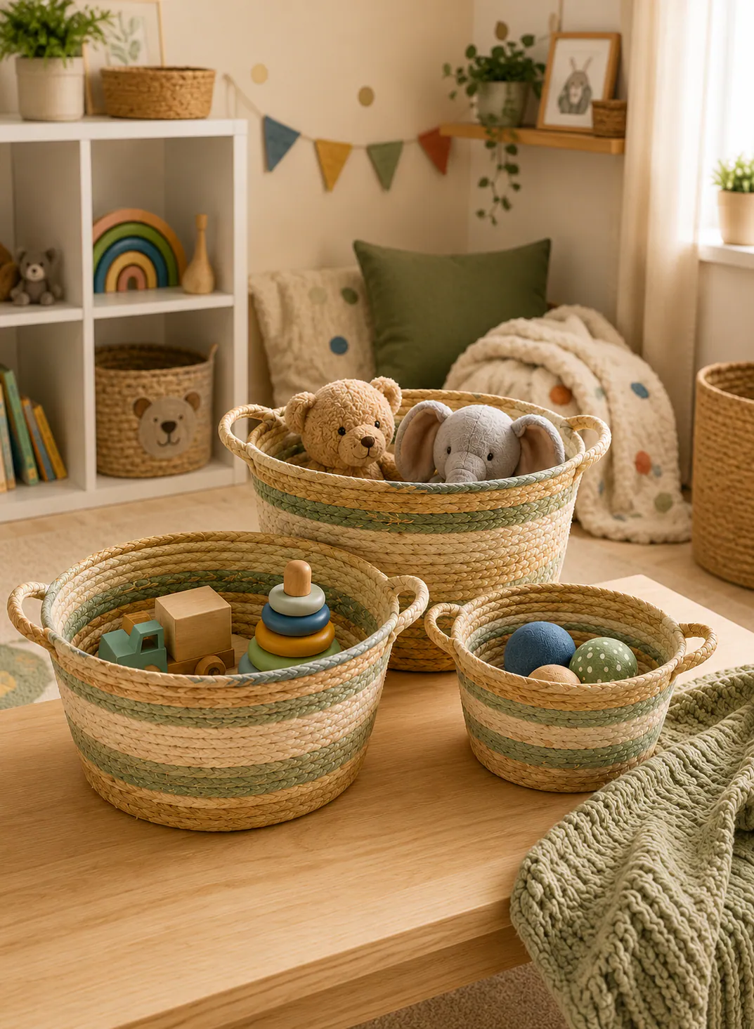 Bamboo Basket Set 3 Pieces – Natural & Green Woven Storage Baskets with Handles
