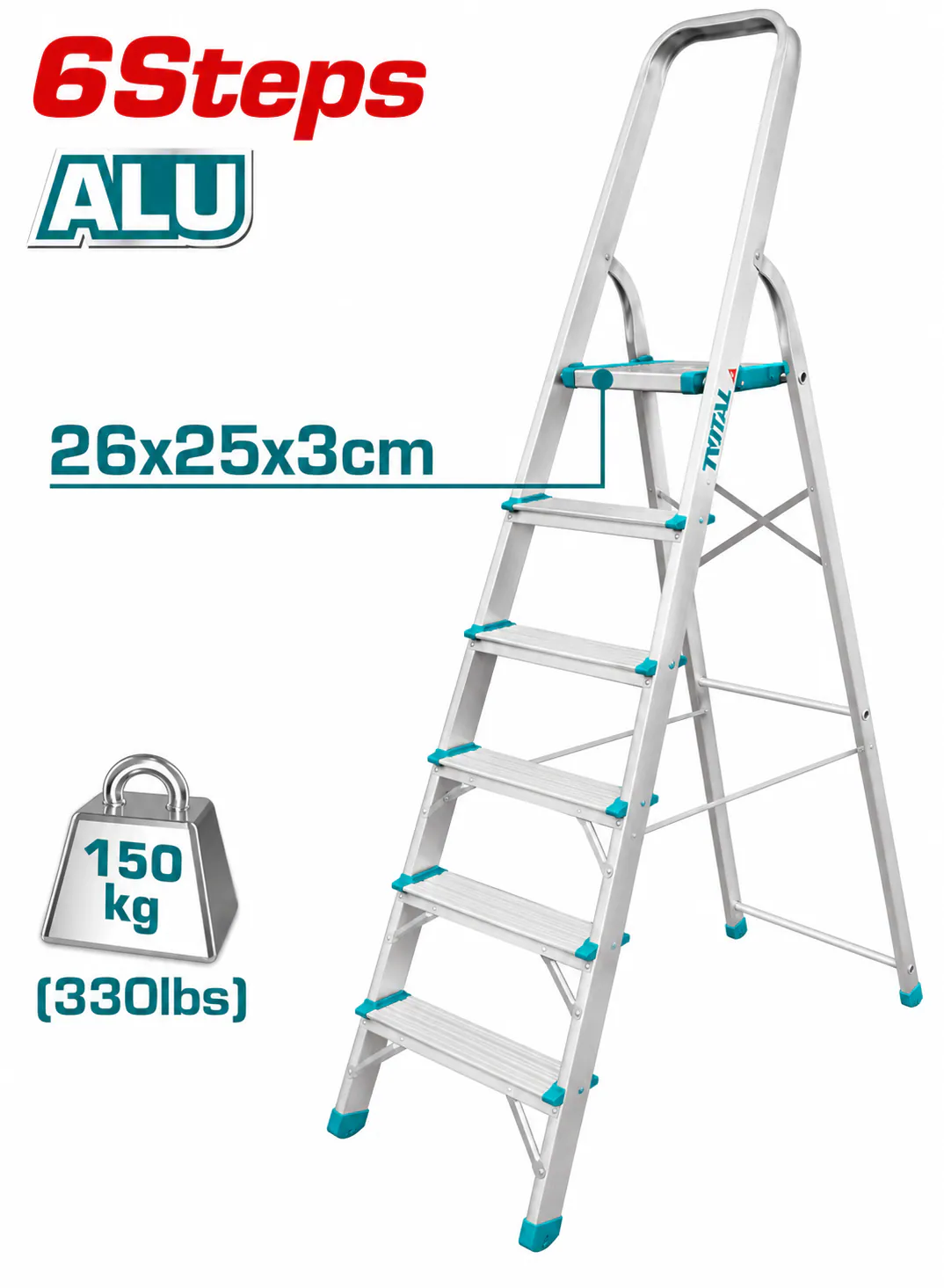 TOTAL 6-Step Aluminum Household Ladder – 150kg (330lbs) Load Capacity – 26×25×3cm Top Platform – Foldable A-Frame Step Ladder with Safety Handrail – Heavy-Duty Home Ladder