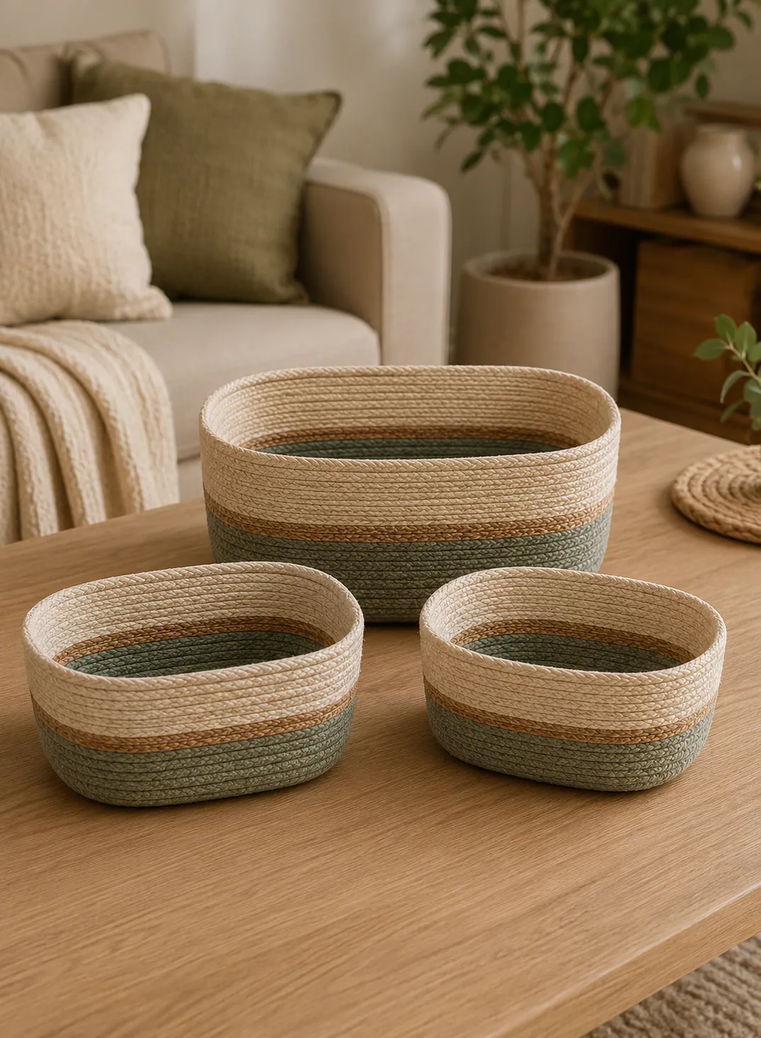Bamboo Basket Set 3 Pieces – Natural & Green Woven Storage Baskets