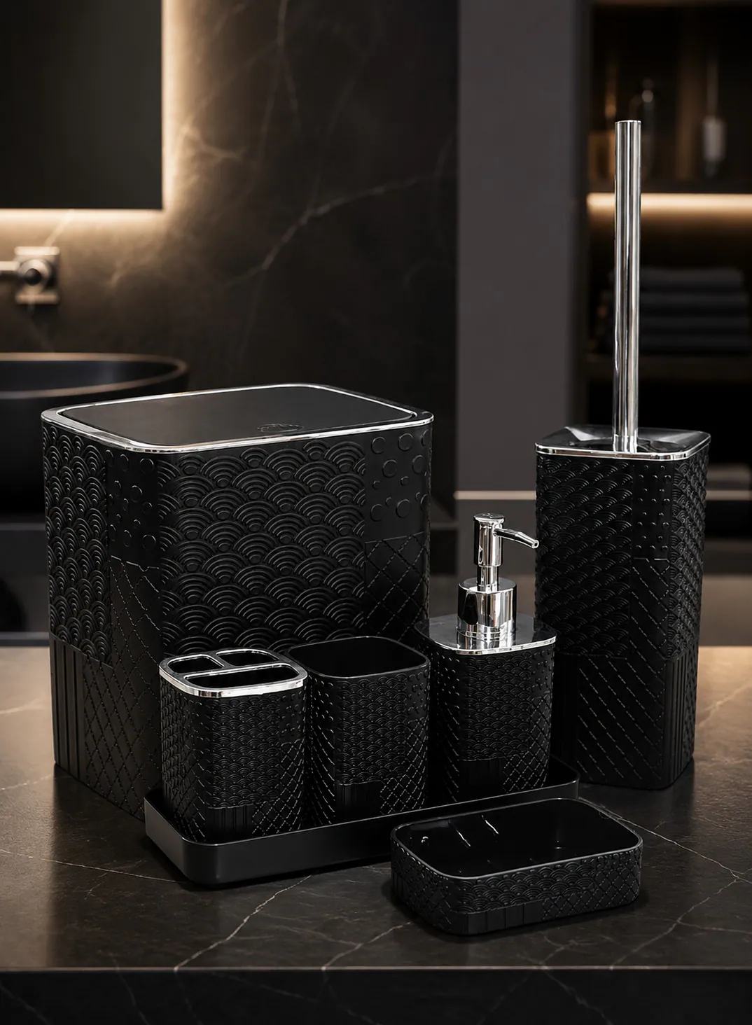 7-Piece Embossed Bathroom Accessories Set with Silver Details – Black