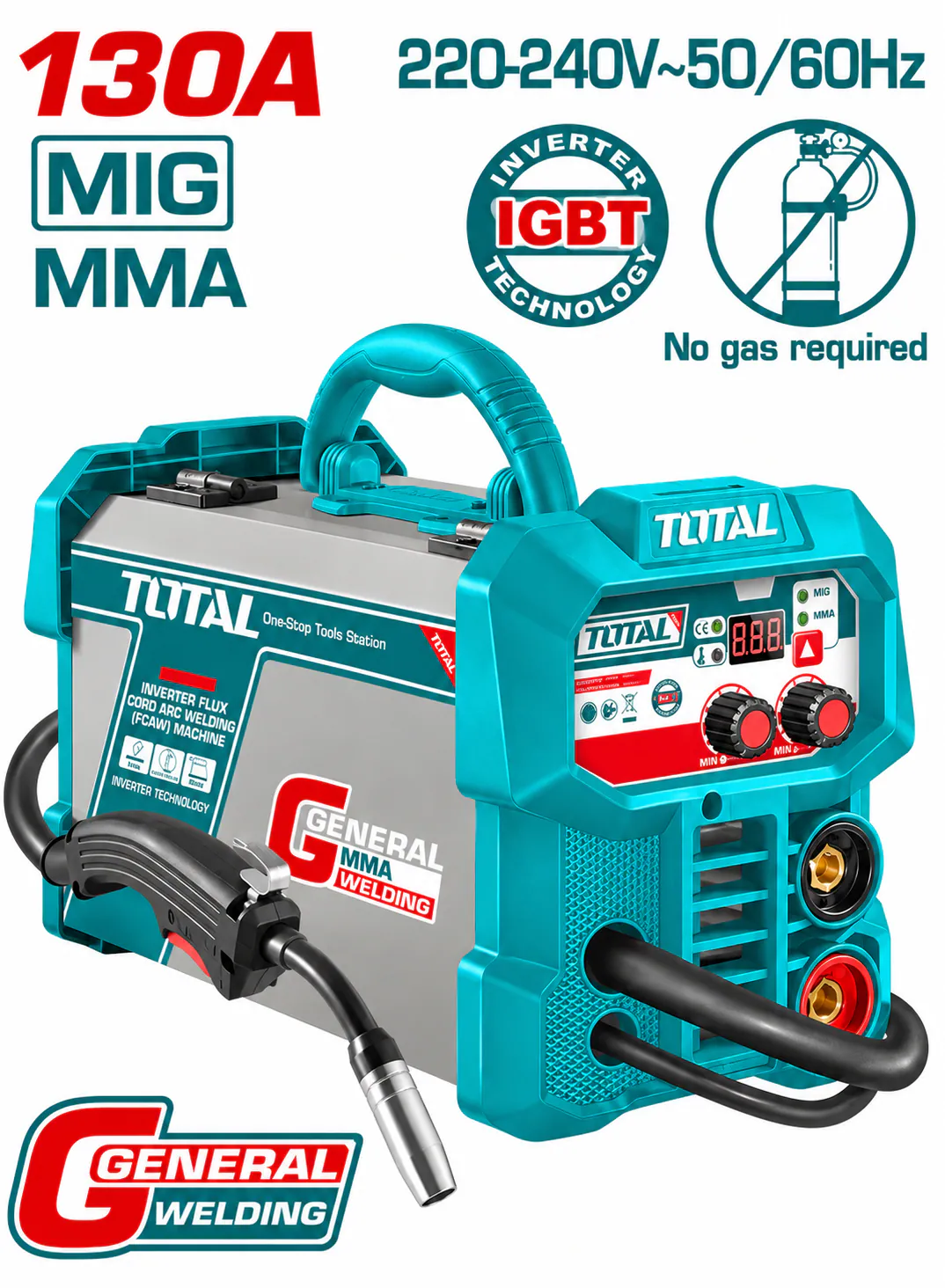 TOTAL 130A Gasless MIG & MMA Inverter Welding Machine – Flux Core Welding – IGBT Technology – Digital LED Display – 220–240V