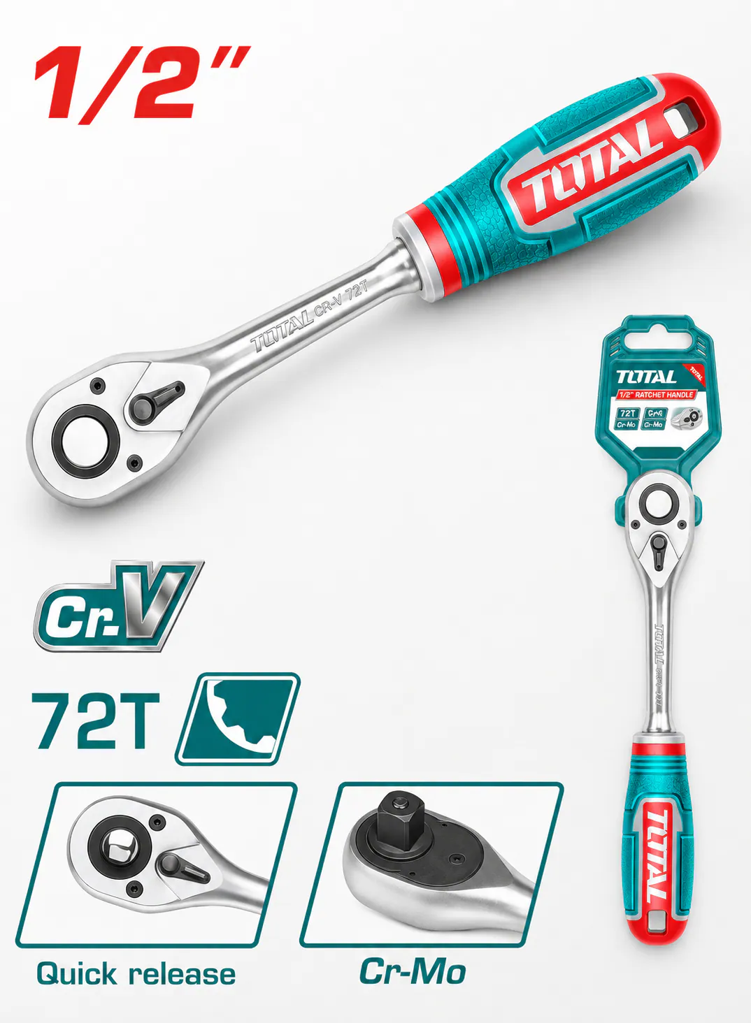 TOTAL 1/2" Ratchet Handle 45T – 260mm | CR-V + CR-MO