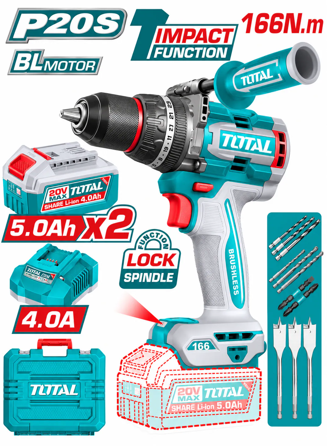  TOTAL 20V Industrial Brushless Cordless Impact Drill – 166Nm with 2 Batteries & Carrying Case