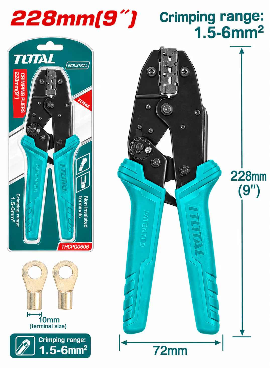 TOTAL 9" (228mm) Ratchet Crimping Pliers – 1.5–6mm² Crimping Range – Non-Insulated Cable Terminals – Heavy-Duty Professional Wire Crimping Tool