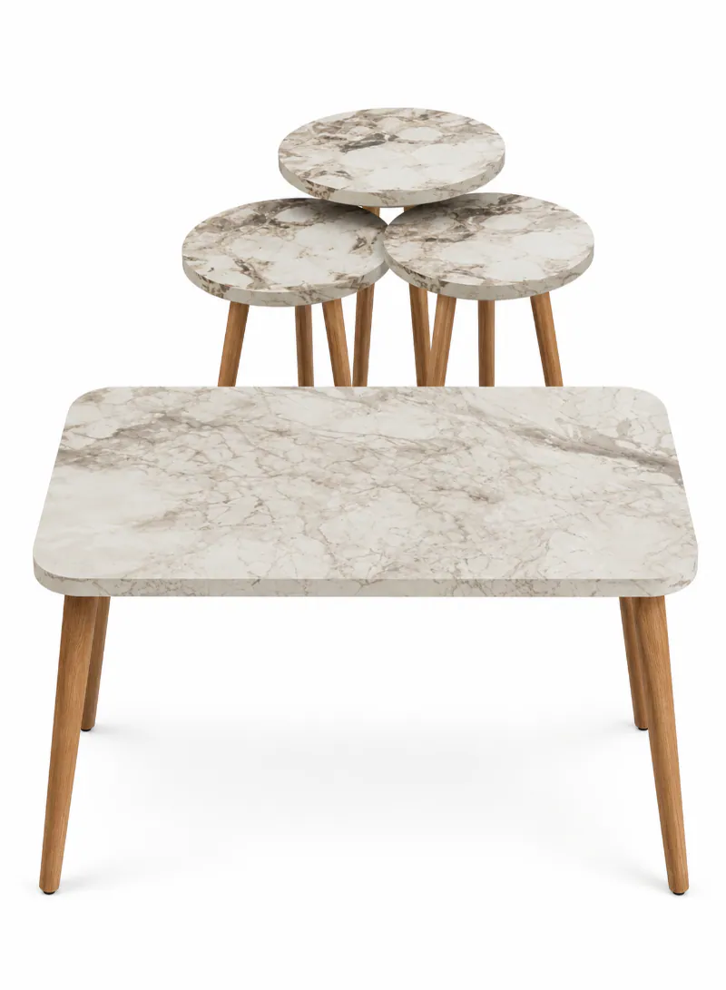 White Marble Center Table with 3 Nesting Tables – 4-Piece Modern Table Set with Wooden Legs