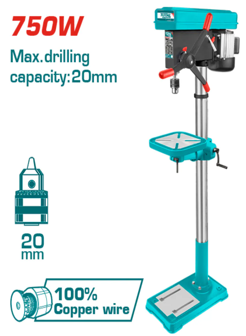TOTAL 750W Industrial Drill Press 20mm – Heavy-Duty Fixed Bench Drill with 16 Speed Settings