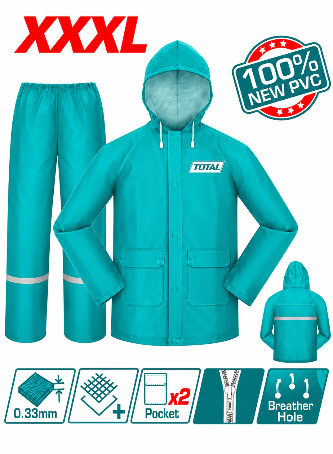 TOTAL XXXL Waterproof Rain Suit – 100% PVC – 0.33mm Thickness – 2-Piece Rain Jacket & Pants Set – Hooded Raincoat with Reflective Strips – Heavy-Duty Protective Rainwear