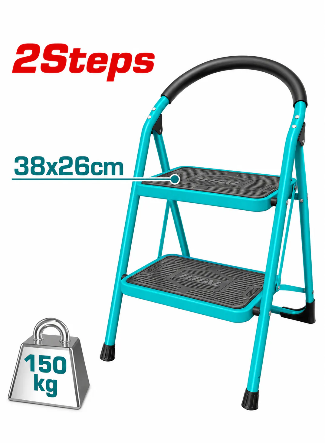 TOTAL 2-Step Heavy-Duty Steel Step Ladder – 150kg Load Capacity – 38×26cm Wide Steps – Foldable Household Step Stool with Safety Handrail – Non-Slip Platform